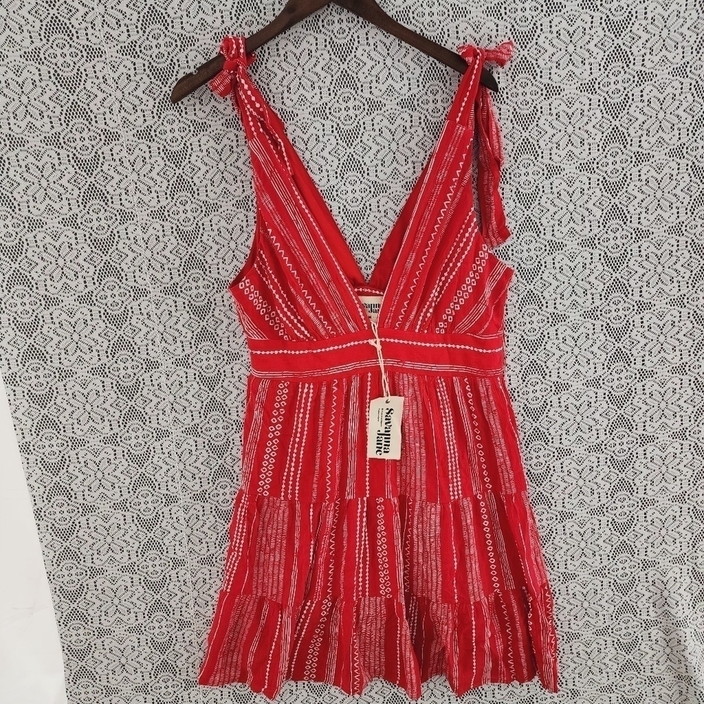 NWT Savanna Jane V neck Tied shoulder printed ruffle mini dress M